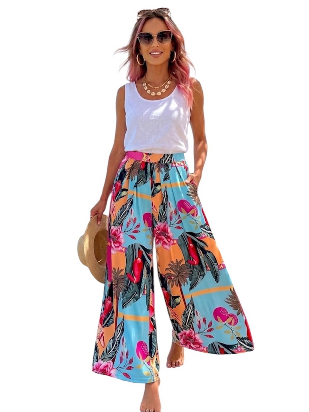 Tropical Wide-Leg Floral Palazzo Pants - Multicolor Pink Orange Blue Size: Large